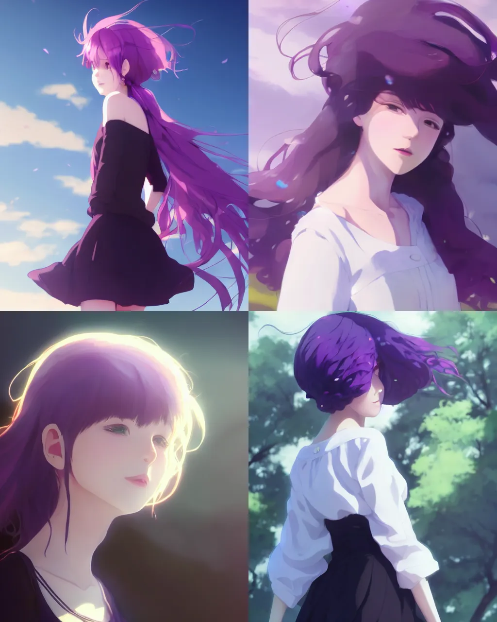 Prompt: girl with purple hair and black skirt, a beautiful portrait, top lighting, perfect shadow, art by hidari and makoto shinkai and wenjun lin