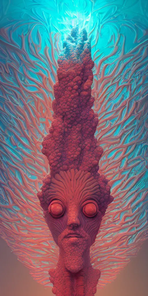 Image similar to Face of a Alien Deity, corals, plume made of fractals, extremly detailed digital painting, in the style of Beeple, mystical colors, rim light, beautiful lighting, 8k, stunning scene, raytracing, octane, trending on artstation