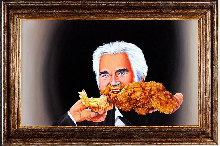 Image similar to black velvet painting of kenny rogers with fried chicken in frame