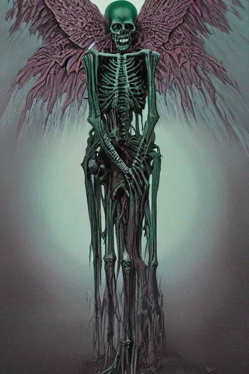 Prompt: creepy portrait of a skeletal zombie female green winged angel by wayne barlowe