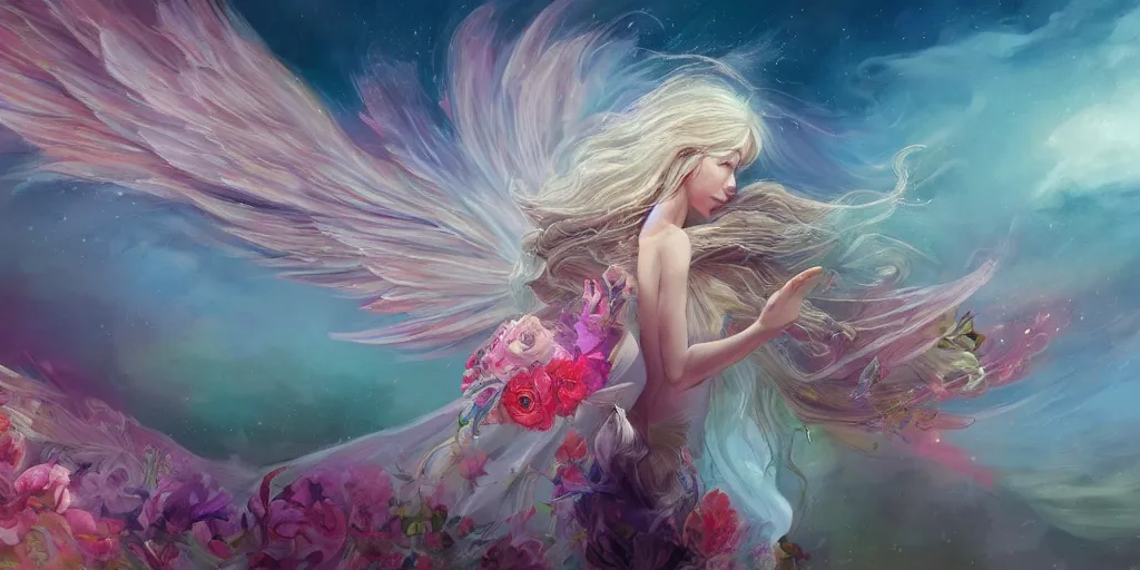 Image similar to a colorful and provenance illustration painting of a angel with her hugeflowers wings spread out gracefully ， detailed, highly detailed, dramatic lighting, hair made of hair made of air wind and curling smoke, mist, dust, genie, flowers, flower, stars, spirit fantasy concept art ， art by charlie bowater and aenami, trending on artstation.