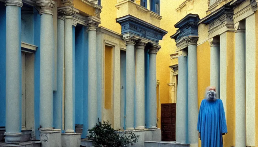 Prompt: 1 9 7 0 s movie still of old socrates in blue drapery in a yellow neoclassical street with collums, cinestill 8 0 0 t 3 5 mm, high quality, heavy grain, high detail, panoramic, ultra wide lens, cinematic composition, dramatic light, anamorphic, piranesi style, etienne - louis boullee style