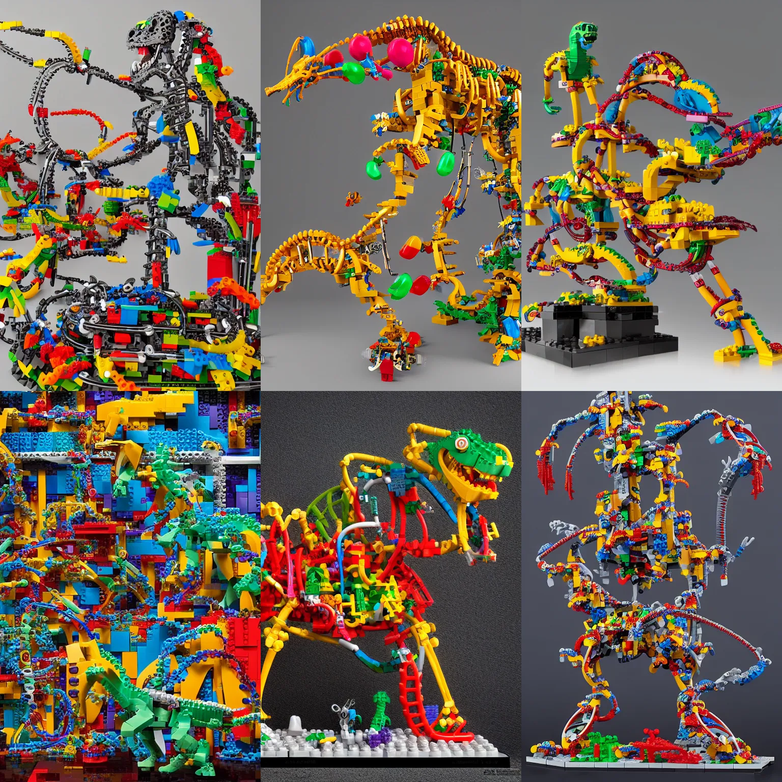 Prompt: shaped stone relief, electron microscopy Simple translucent mechanic bionic lego dinosaur skeleton dissection sculpture made from rollercoaster, with colorfull jellybeans organs, cables, wires and tubes, by david lachapelle, by angus mckie, by rhads, on a black wall, c4d