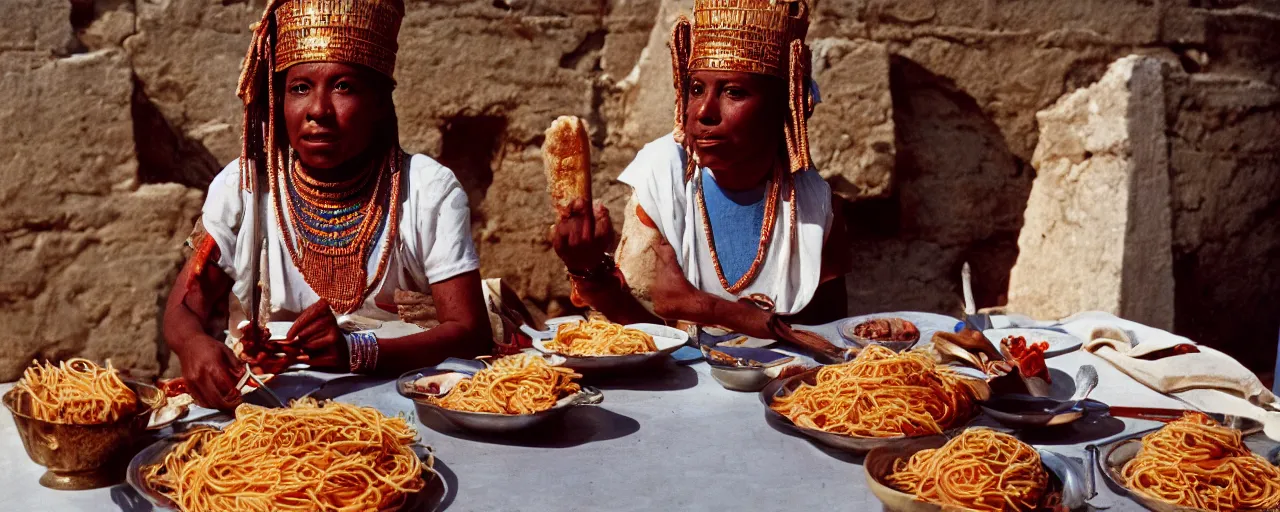 Prompt: queen hatshepsut in the ancient kingdom of punt, enjoying a feast of spaghetti, canon 5 0 mm, kodachrome