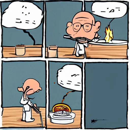 Image similar to drawing of walter white cooking pizza with a blowtorch by bill watterson