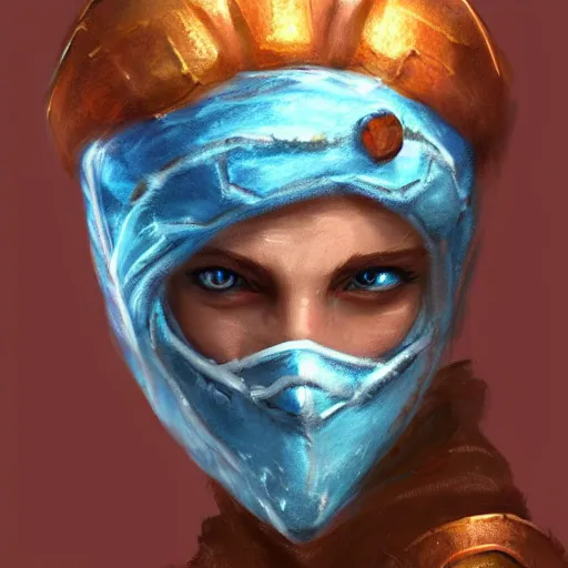 Image similar to snow bandit from ‘ icewind dale ’ with a frost blue gem mask lined with copper, ‘ icewind dale 2 ’ profile portrait by ‘ justin sweet ’, falling snow, soft focus, illustration, oil paint, artstation