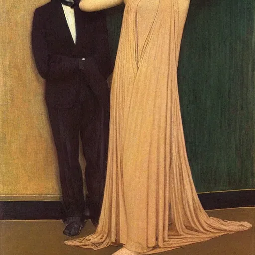 Image similar to a painting of a woman standing next to a man, an art deco painting by Albert Joseph Moore, tumblr, figurative art, art deco, pre-raphaelite, 1920s