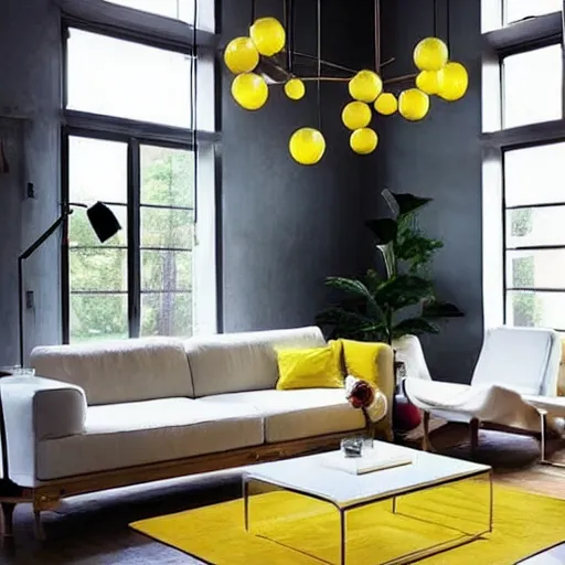 Image similar to Minimalistic Livingroom with a staircase, wooden floor, white L shaped couch, wooden coffee table, Big chandelier, Big Windows, Yellow Lights