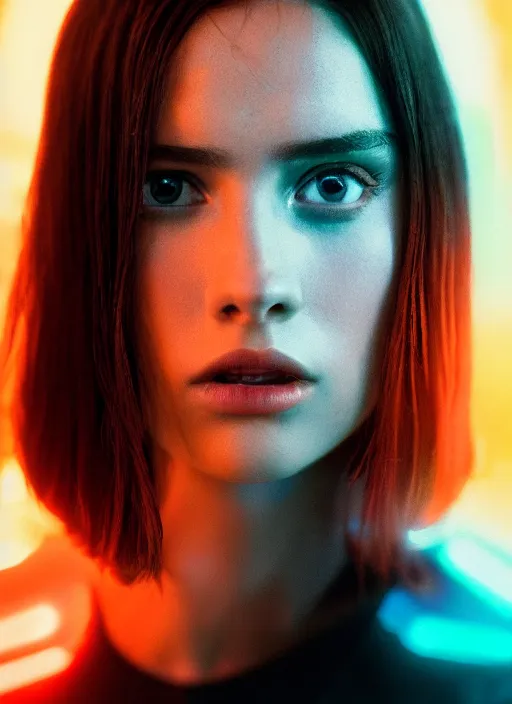 Image similar to A hyper realistic and detailed head portrait photography of young brunette female of Blade Runner 2049 on a futuristic street. by David Dubnitskiy. Neo noir style. Cinematic. neon lights glow in the background. Cinestill 800T film. Lens flare. Helios 44m