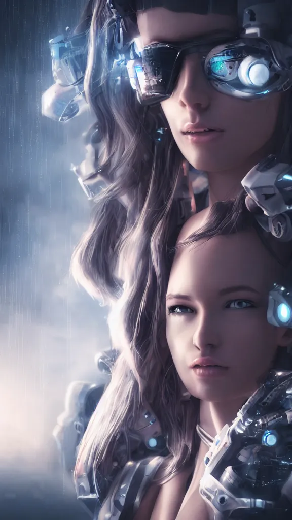 Image similar to beautiful cyborg girl with pony hair,cyberpunk,realistic,cinematic,3d,night lighting