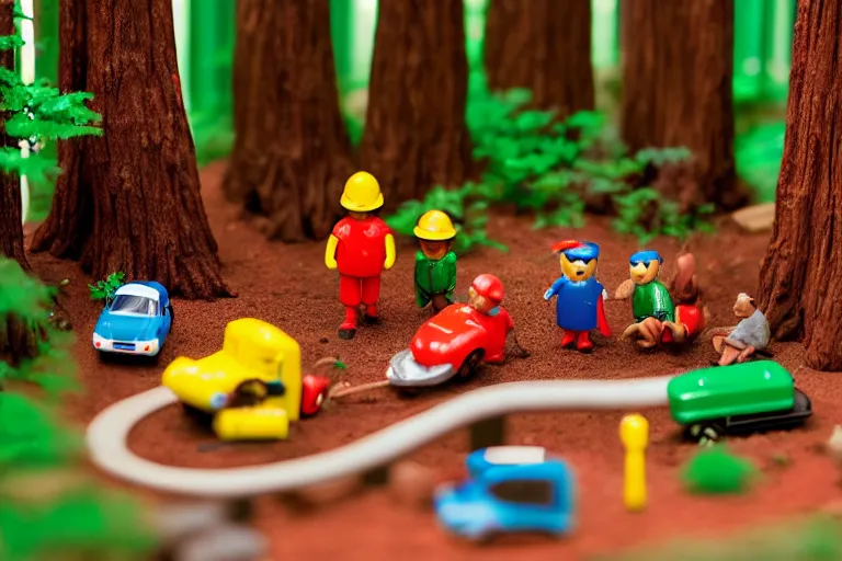 Image similar to fisher price redwood forest, california scene from tv show hyper detailed 5 5 mm 8 5 mm, toy photography, made out of plastic