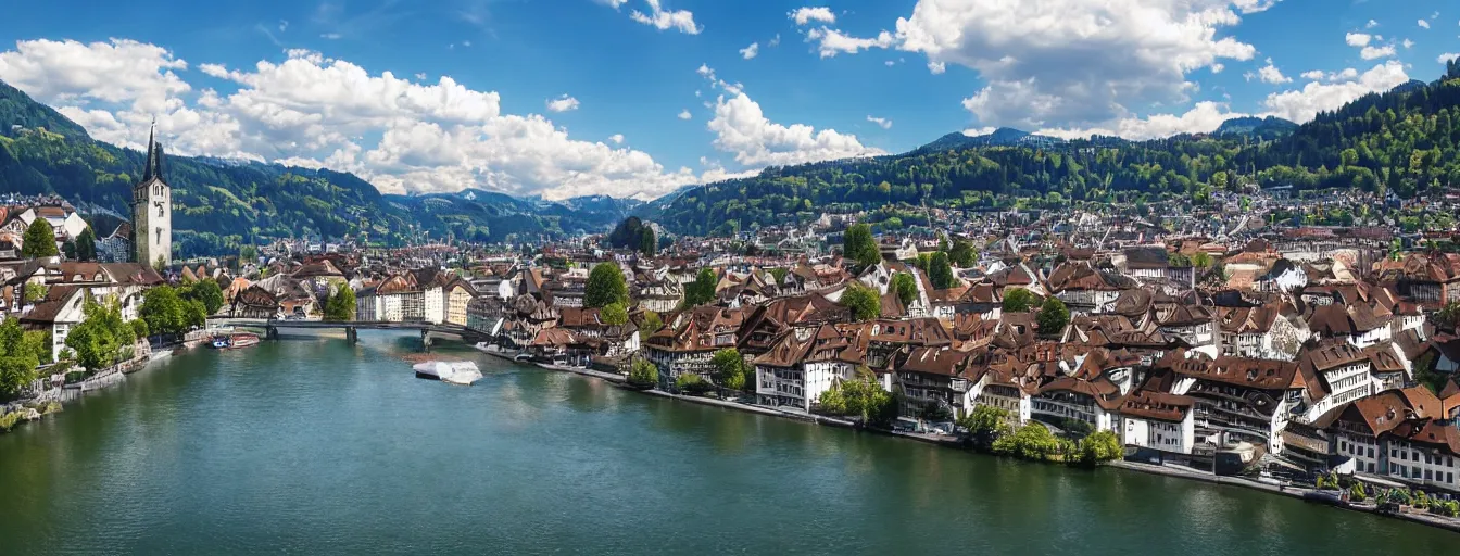 Image similar to Photo of Zurich, looking down the Limmat at the lake and the alps, Hardturm, Grossmünster, Lindenhof, Üetliberg, wide angle, volumetric light, hyperdetailed, light blue water, artstation, cgsociety, 8k