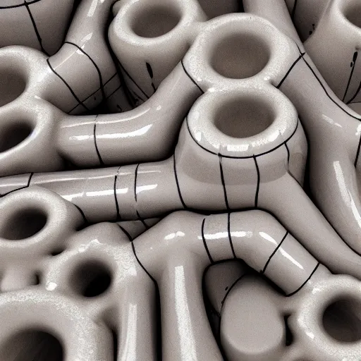 Prompt: an arrangement of glazed ceramic pipes in the shape of vocal tracts emerging from soil ejecting a pattern of fractal jet streams of air , highly detailed , 8k , octane ,