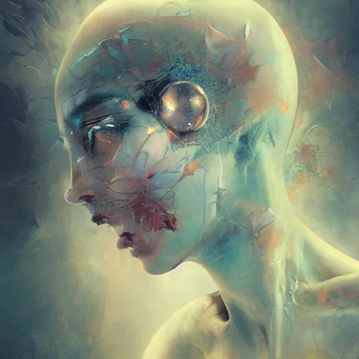 Prompt: demon goddess close-up portrait by cy Twombly and BASTIEN LECOUFFE DEHARME, iridescent fractal, high tech