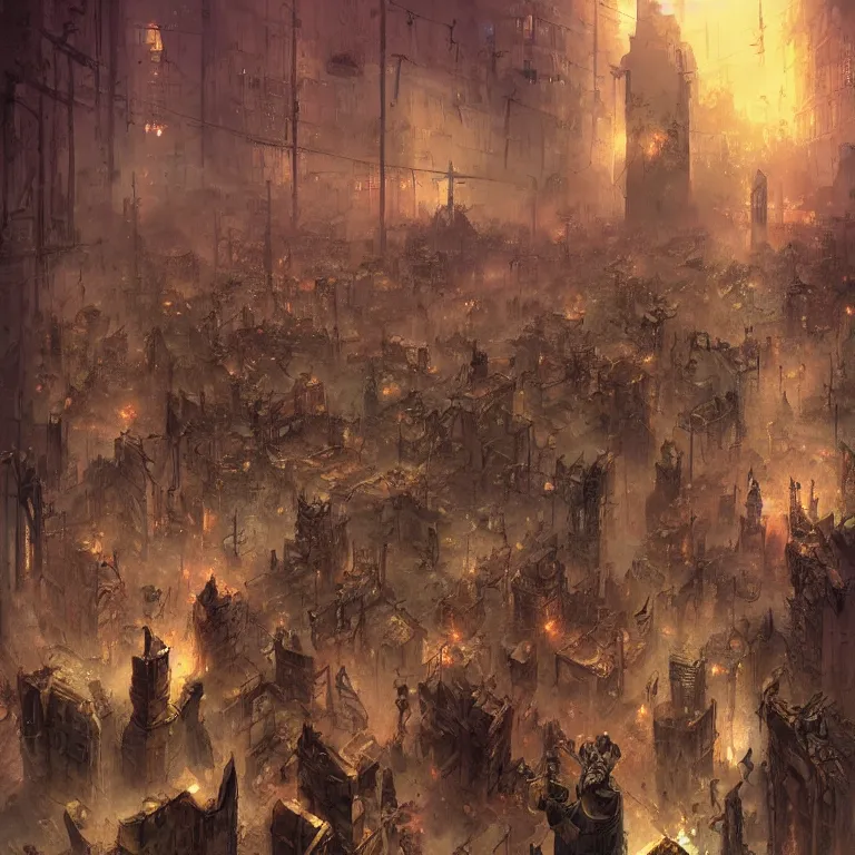 Prompt: the souls of dead soldiers waiting in a lone quiet dark city for the day of judgment, by marc simonetti