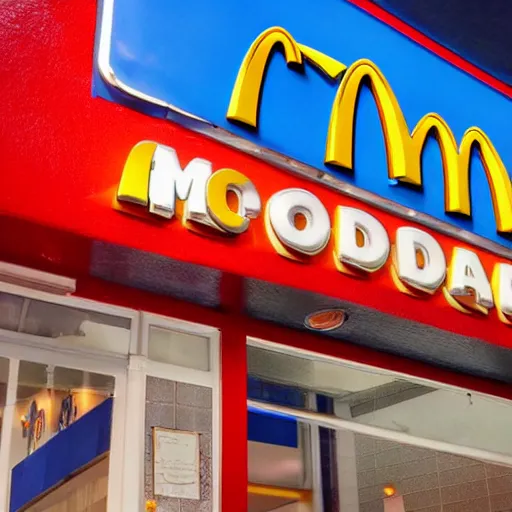 Prompt: McDonald's Restaurant, Blue themed, blue colors, blue walls, blue logo, 4k, realistic, award-winning photograph