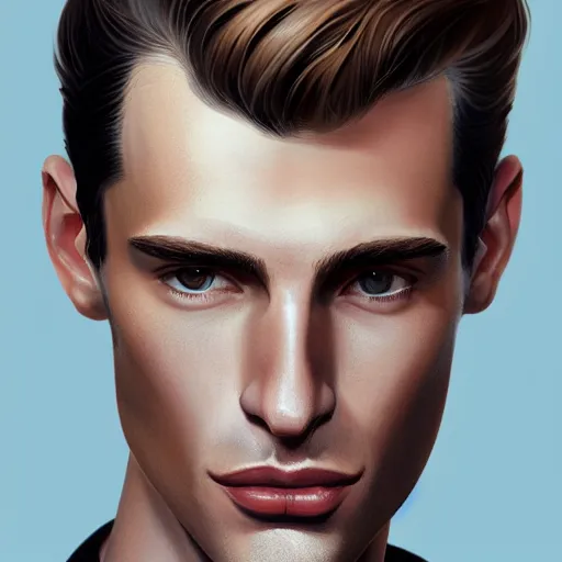 Image similar to tall man in his twenties with brown blond short quiff hair and thin slightly round facial structure with cleft chin, straight eyebrows and prominent nose, good definition of cheekbones, big hazel nut brown eyes, narrow face, slim body, atmospheric lighting, painted, intricate, 4 k, highly detailed by charlie bowater