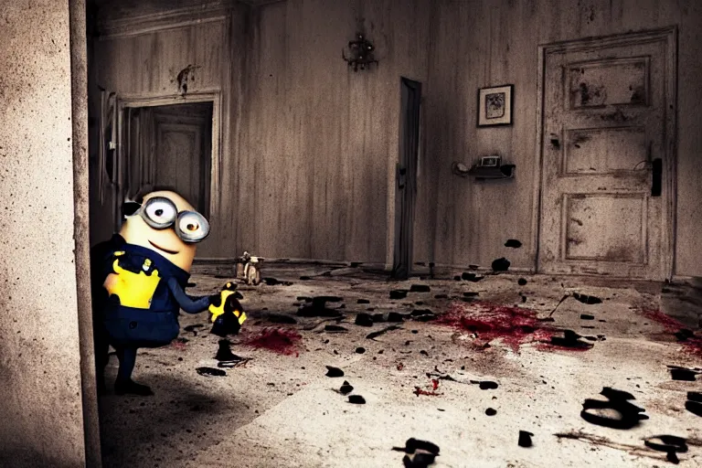 Prompt: a still gru shooting minions, horror movie, scary, horror, blood, lonely abandoned house, motion blur