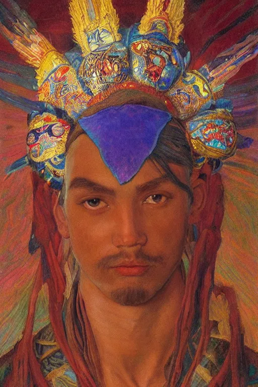 Image similar to prince of dawn with stars in his hair, by Annie Swynnerton, and Nicholas Roerich and Tino Rodriguez and Diego Rivera , elaborate headdress and embroidered velvet, iridescent beetles, rich color, dramatic cinematic lighting, extremely detailed