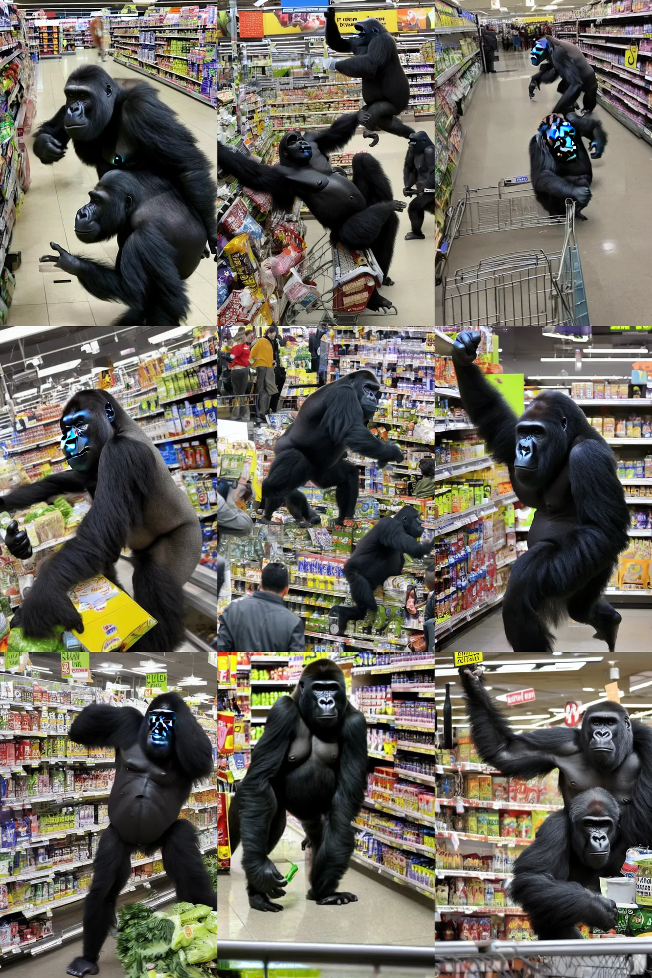 Prompt: a gorilla wreaking havoc in a supermarket, chaos, destruction, panic