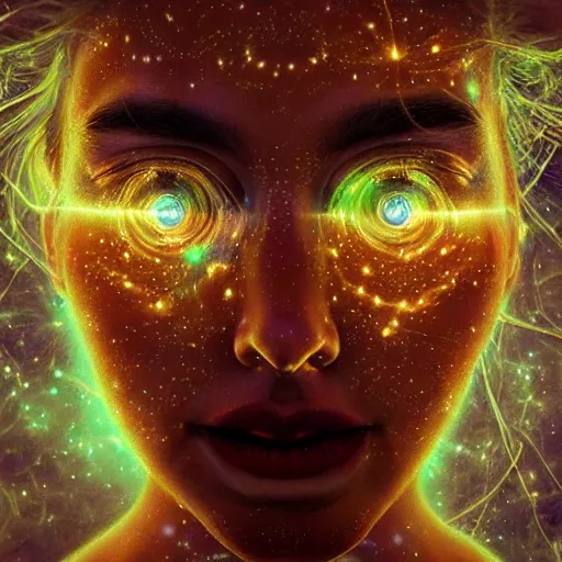 Prompt: floating being, glowing tears, laughter, cosmic imagery, intense positive emotion, emotional concept art, photography hyperrealism, detailed eyes, glitch! art, fractal