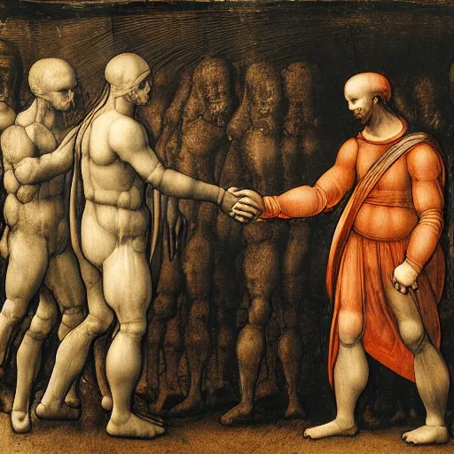 Prompt: Human and alien shaking hands in large arean full of approving onlookers, style of leonardo da vinci