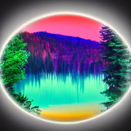 Prompt: rainbow neon sign half circle in water reflected on lake, misty mountains surrounded by beautiful forest, sunny summertime sunlit daylight, hdr, 4 k, award winning photography, volumetric lighting, artstation