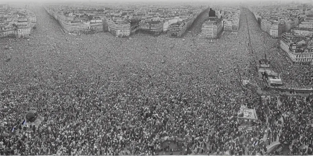 Image similar to a crowd of 6 0, 0 0 0 protesting around the eiffel tower, bird's eye view, polaroid, 6 0's, hyperrealism, no blur, 4 k resolution, ultra detailed