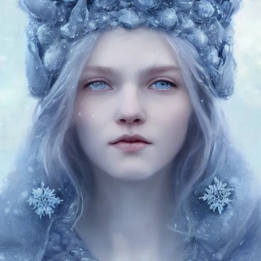 Prompt: Queen of winter, ice-blue-eyes, gorgeous portrait, intricate, elegant, volumetric lighting, scenery, digital painting, highly detailed, artstation, sharp focus, illustration, concept art, ruan jia, steve mccurry