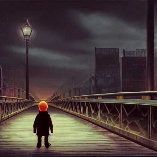 Prompt: a lonely boy on a city bridge looking to the river at night, digital painting, masterpiece, digital art, hyperrealistic, concept art, octane render, unreal engine 5, trending on deviantart, sad atmosphere, centered, anatomically correct, oil painting, high contrast, serene scenery, loneliness, path traced, dark night, paul lehr, 2 d