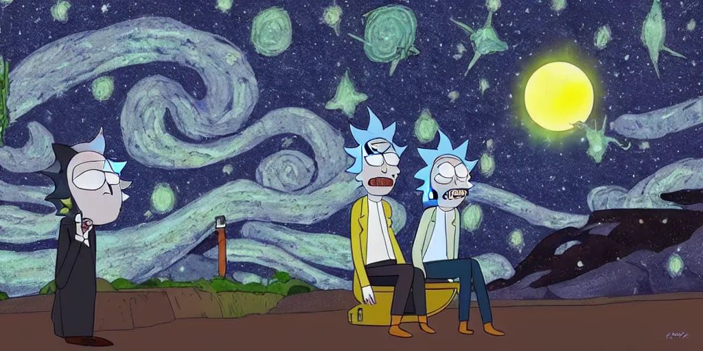 Image similar to rick and morty sitting on toilet, sky full of stars and milkyway is viewable, mystical, art