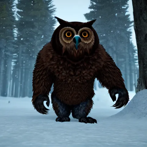 Image similar to A large magical beast called an Owlbear, the beast has the body of a bear and the head of an owl, 8k, Unreal Engine