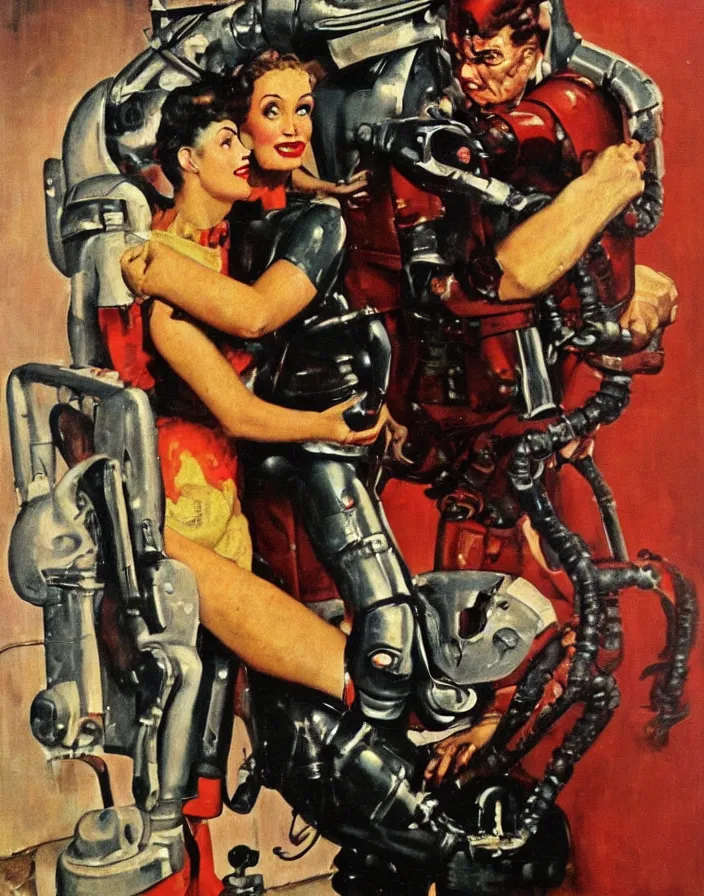 Image similar to a female housewife being hugged by a manly metal - suited robot 1 9 5 0 s horror film movie poster style norman rockwell oil painting, cohesive