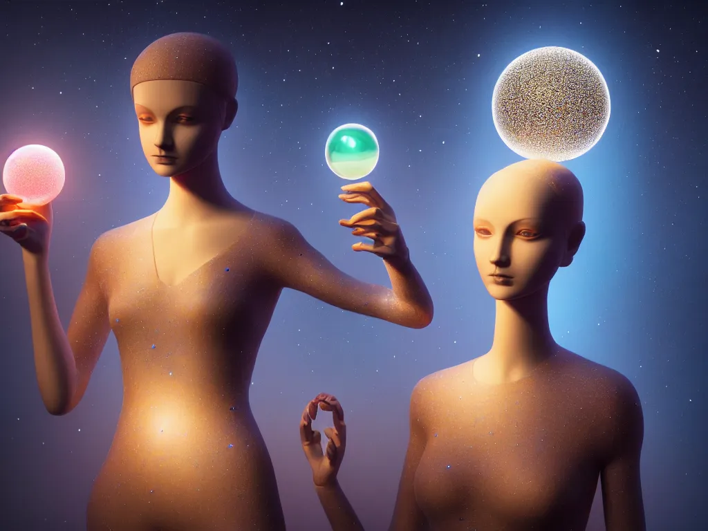 Prompt: a beautiful mannequin holding a glass ball representing the universe, brain of the future, in the style of michael cheval, 4k, trending on artstation, hyper detailed, photorealistic, volumetric lighting, octane render, dramatic