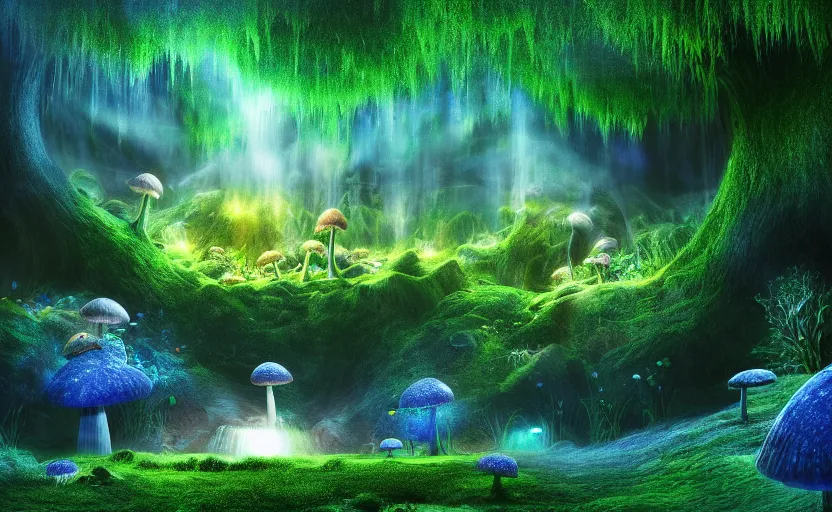 Image similar to a beautiful and stunning professional digital artwork of a glowing mushroom cave, haze, spores floating in the air, waterfall, volumetric lighting, hyperrealistic, green, blue, rtx on, ultra detail