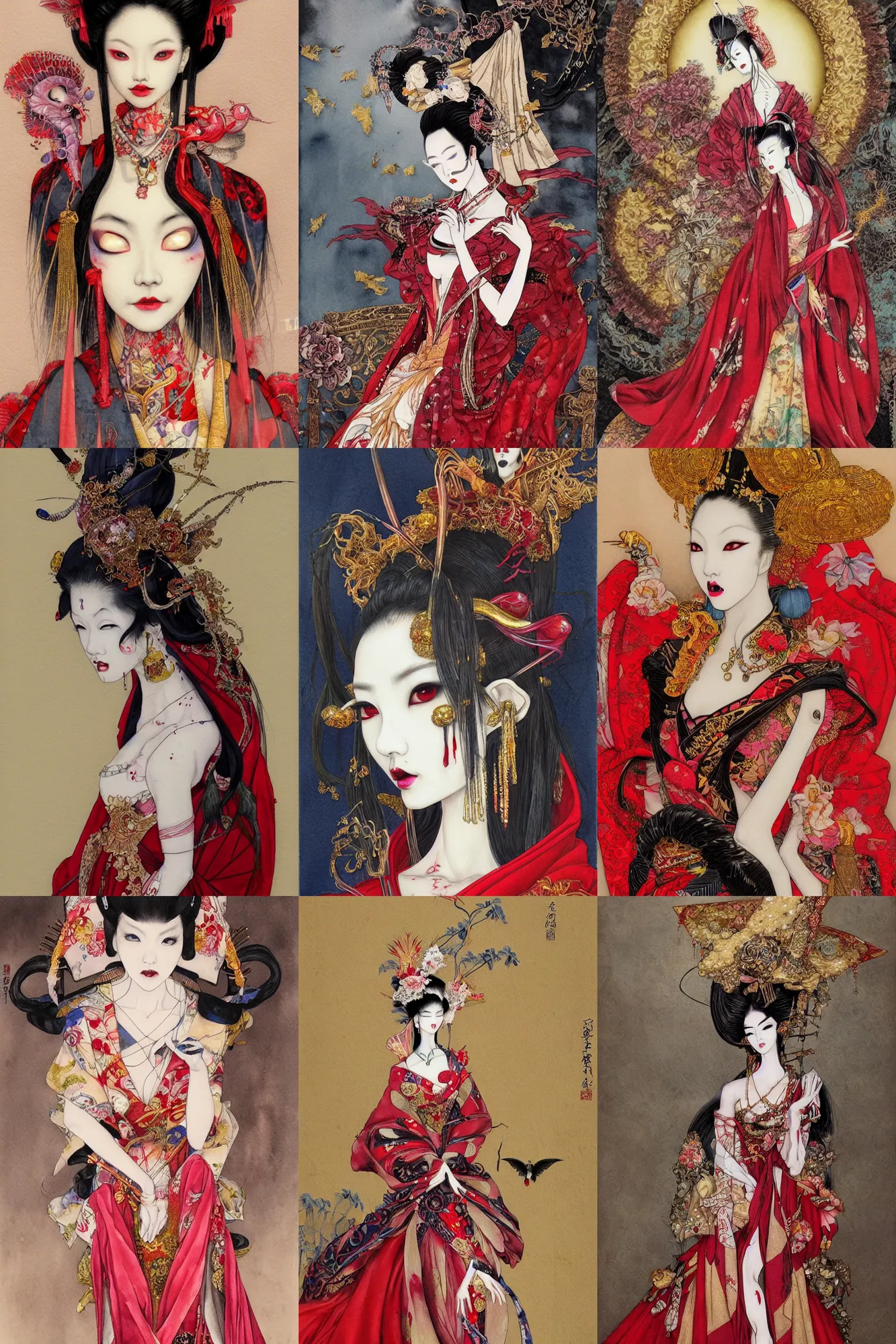 Prompt: watercolor painting of avant - garde portrait of an asian bjd geisha vampire queen with a long neck in a victorian red dress painted by yoshitaka amano, daniel merriam, ayami kojima, intricate detail, artstation, artgerm, in the style of dark - fantasy, rococo, gold leaf art