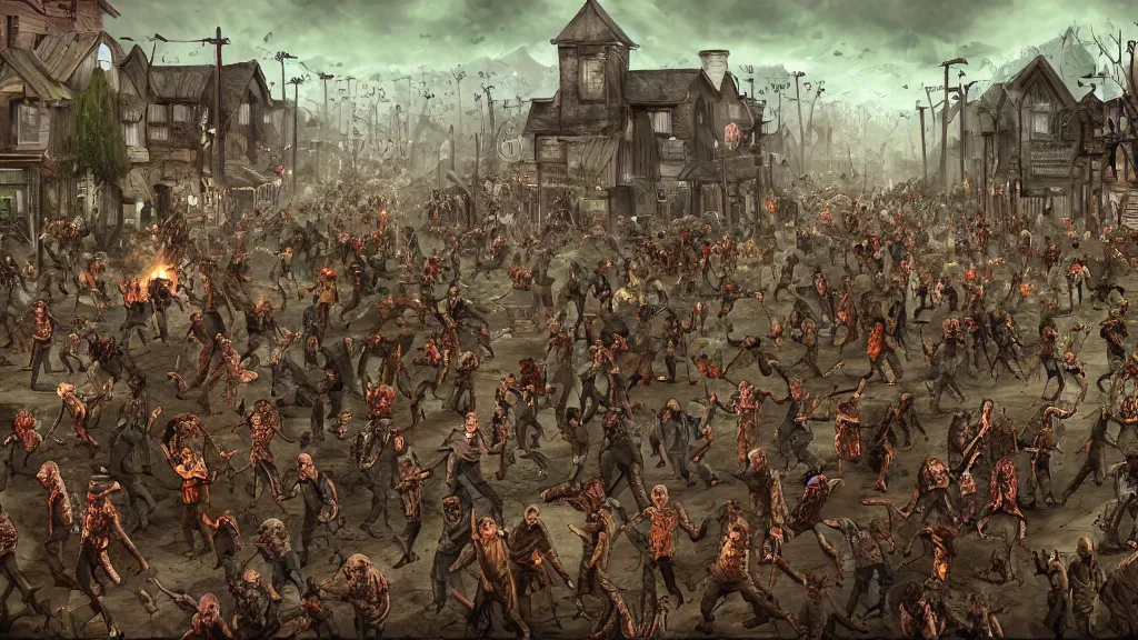 Prompt: hords of zombies flood the village, digital art by Jamey Jones,