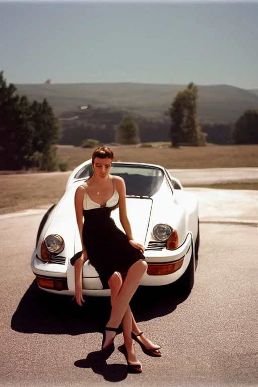 Image similar to Photo print of a beautiful Model leaning on a porsche 911 carrera 3.2, daylight, backlit, kodak ektachrome e100.