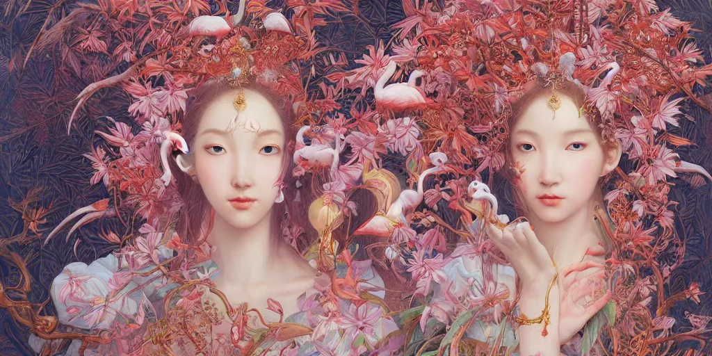 Image similar to breathtaking detailed weird concept art painting of the goddess of flamingo, orthodox saint, with anxious, piercing eyes, ornate background, amalgamation of leaves and flowers, by Hsiao-Ron Cheng and John James Audubon and Miho Hirano, extremely moody lighting, 8K