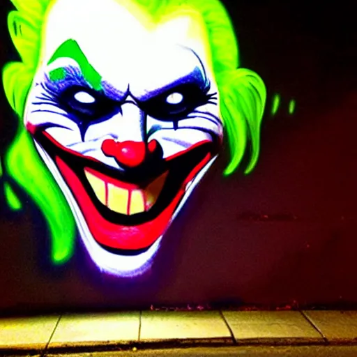 Prompt: florescent glowwave graffiti of the joker on a street wall, glow wave