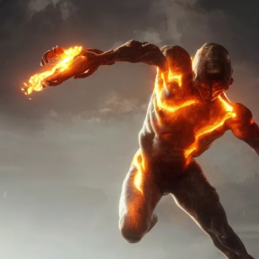 Image similar to prometheus midair with the stolen fire in one hand the other hand streched to prevent a collission. concept art octane render hyperrealistic unreal engine