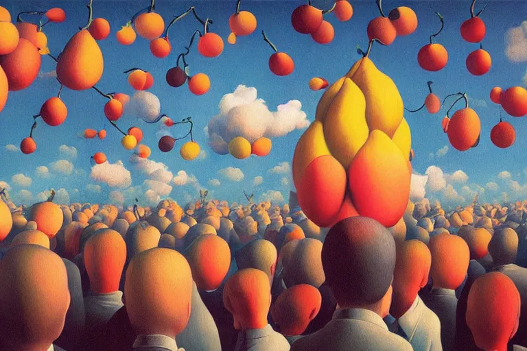 Prompt: Crowd with fruit heads by Magritte and Beeple, fruits raining from clouds, surreal painting, oil painting, hyper detailed, clean shapes