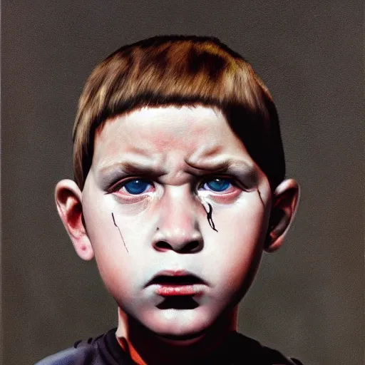 Image similar to high quality high detail painting by gottfried helnwein and juan francisco casas, hd, portrait of a dangerous psychopath, intense demonic look in the eyes, photorealistic lighting