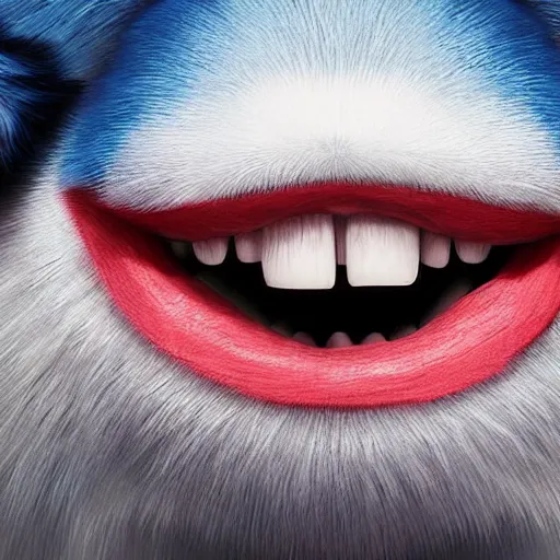 Image similar to a blue furry creature with large red lips, sharp teeth, 4 k photorealistic quality, trending on cgsociety, horror art, eerie art style