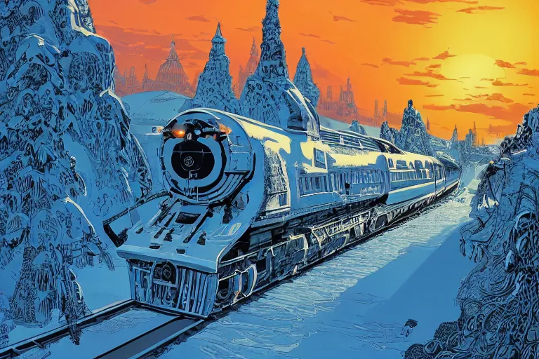 Image similar to trans - siberian express train illustration by joe fenton and syd mead and p. craig russell and barry windsor - smith, artstation, 4 k, graphic novel, concept art, matte painting, beautiful russian winter landscape sunset background, golden hour, art nouveau