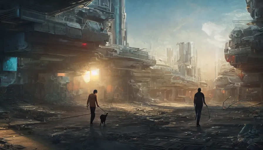 Image similar to man walking his dog in an abandoned futuristic city covered by vegeration, sunset, bright light, hyperdetailed, artstation, cgsociety, 8 k