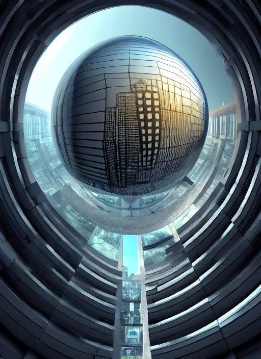 Prompt: hyperrealism, detailed textures, photorealistic 3 d render, an massive scale cave with a mini futuristic city inside, a central perfect large glass sphere, in the style of sahm, in the style of escher, ultra realistic, ultra high pixel detail, cinematic, intricate, cinematic light, concept art, illustration, art station, unreal engine 8 k