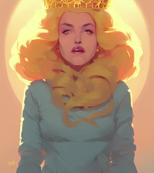 Prompt: portrait of beautiful queen with golden hair, sun, crown, by atey ghailan, by greg rutkowski, by greg tocchini, by james gilleard, by joe fenton, by kaethe butcher, dynamic lighting, gradient light blue, brown, blonde cream and white color scheme, grunge aesthetic