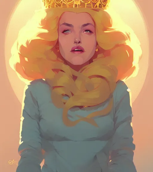 Image similar to portrait of beautiful queen with golden hair, sun, crown, by atey ghailan, by greg rutkowski, by greg tocchini, by james gilleard, by joe fenton, by kaethe butcher, dynamic lighting, gradient light blue, brown, blonde cream and white color scheme, grunge aesthetic