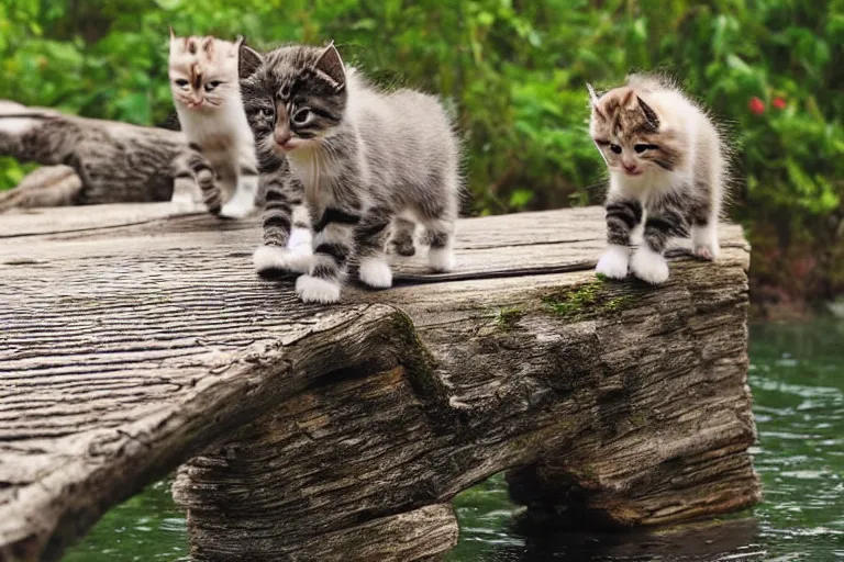 Image similar to kittens walking on a log bridge crossing a river